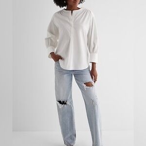 Express Gathered Sleeve Half Button Up Shirt - M